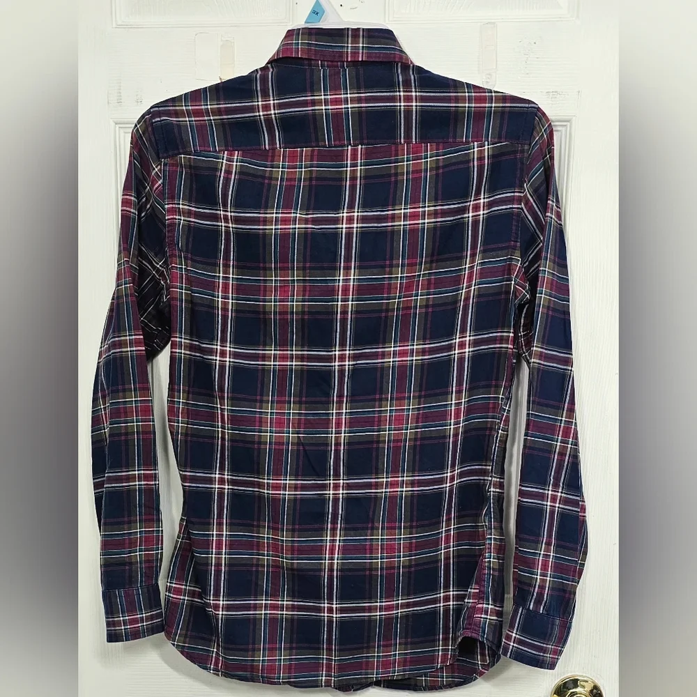 Banana Republic Men’s Small Slim Fit Plaid Button-Down Navy Burgundy Cotton